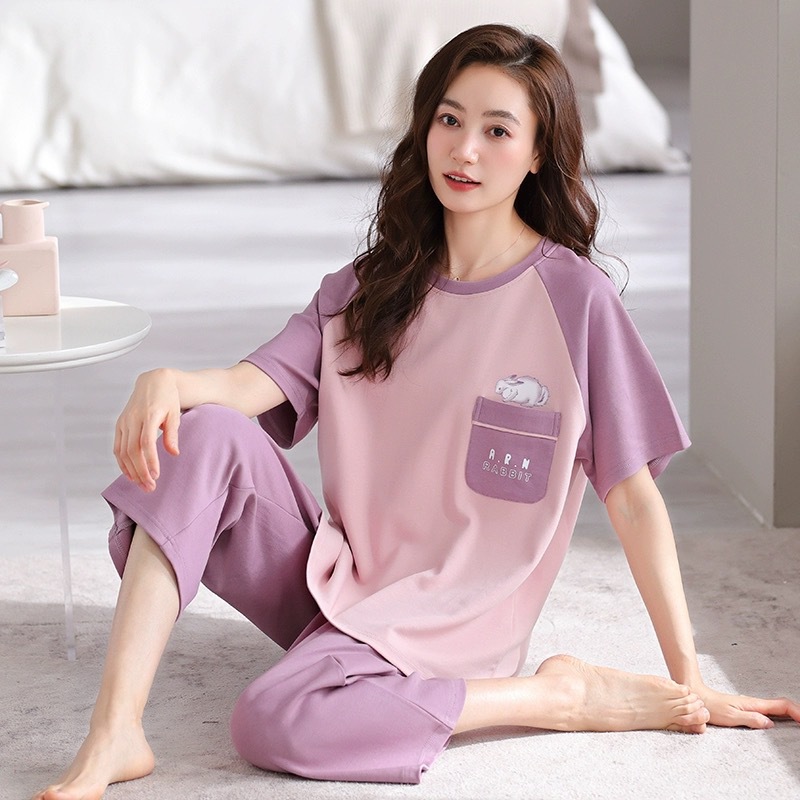 2024 Short-sleeved Cropped Pants Pajamas Women's Summer Students Cute Korean-style Loose suit Outer-wearing Comfortable Home Clothes