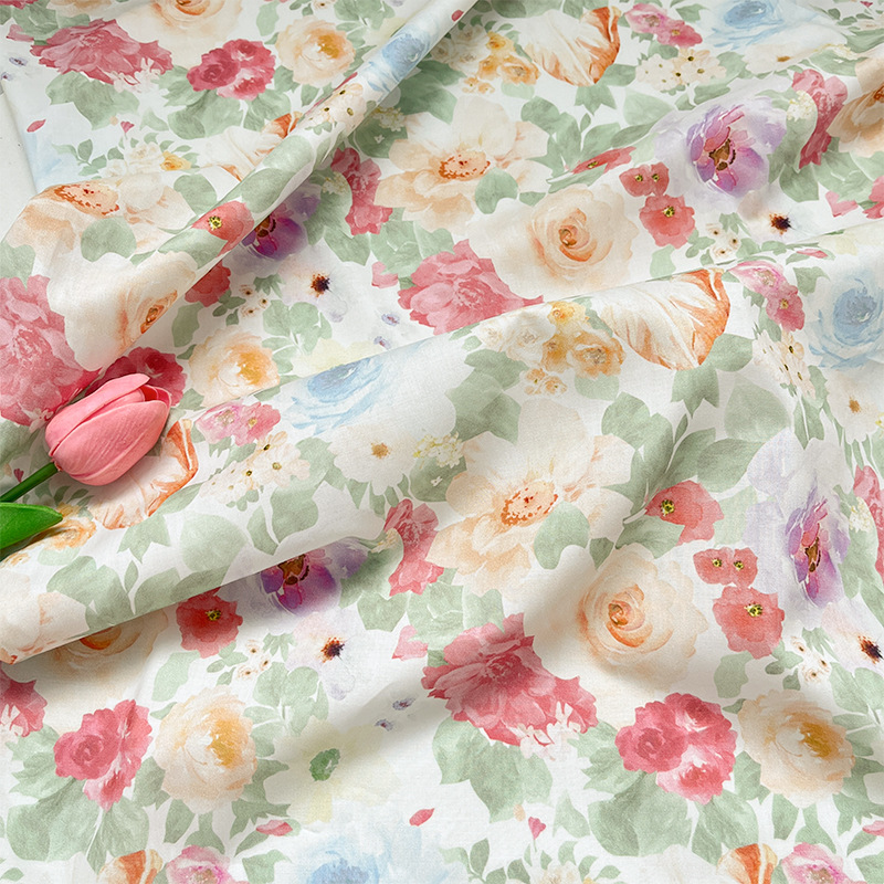 Cotton 60-count poplin, multi-colored flowers, digital printed fabrics, clothing, dresses, shirts, short skirts, handmade fabrics
