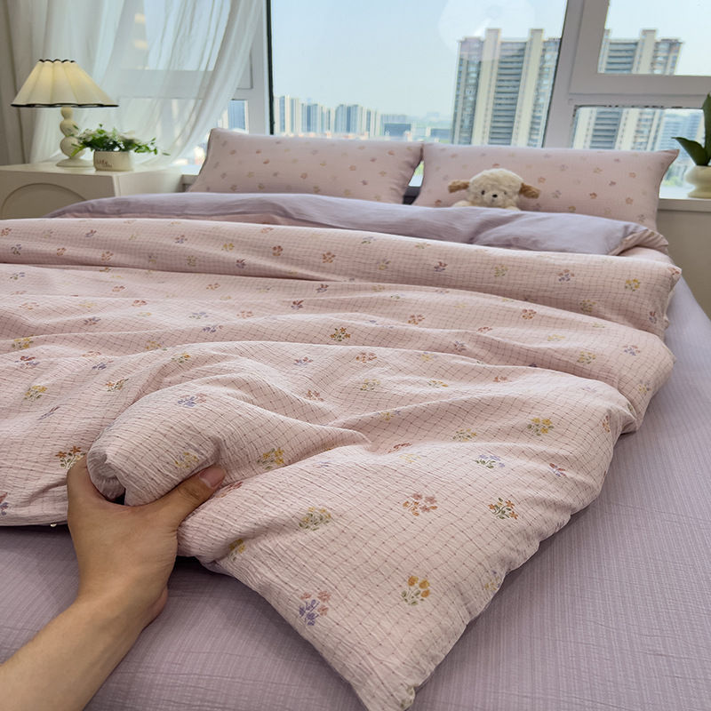 Picture of Double-Layer Gauze Wrinkled Cotton Bed Four-Piece Set Small Fresh Quilt Cover Home Ins Style Floral Summer New Three-Piece Set