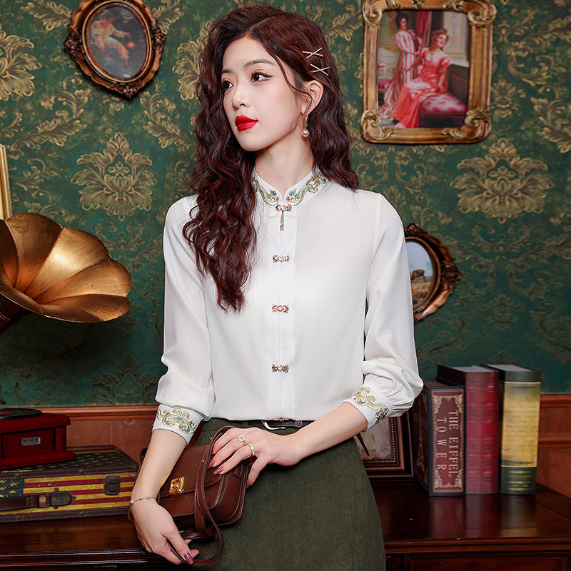 New Chinese style stand collar embroidered shirt Women's Spring 2024 New retro National style design sense niche chic long-sleeved top