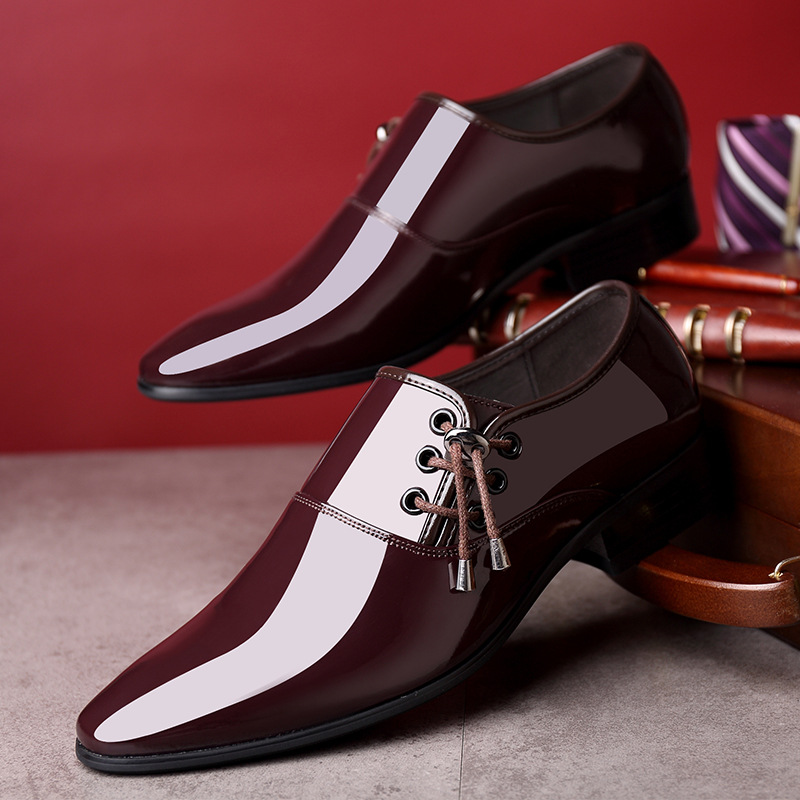 Pointed Toe Leather Shoes Men's Business Casual Shoes British-style Korean-style Fashionable Hair Stylist Patent Leather Bright Height-increasing Leather Shoes for Hair