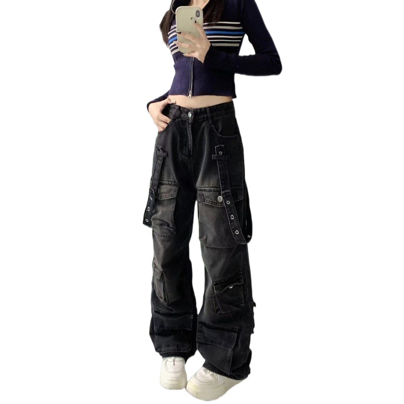 Picture of American Style High Street Multi-Pocket Tooling Jeans Women's Autumn and Winter Strap Design Sense Loose Slimming Wide Leg Trendy Trendy Pants