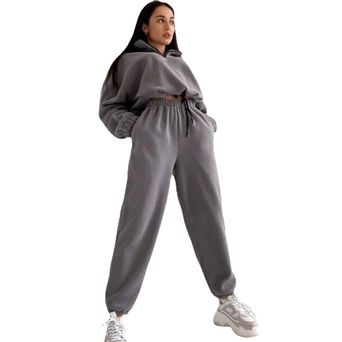 Picture of 2025 Spring and Autumn Hot Selling New Women's Clothing Amazon Fashion Solid Color Loose Zipper Stand Collar Sweatshirt Casual 2-Piece Set