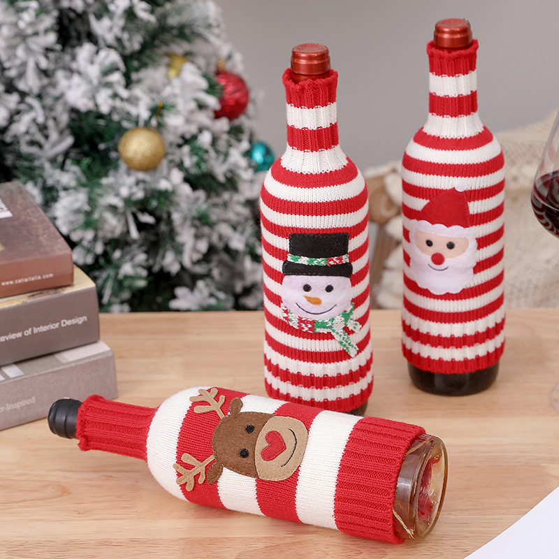 Picture of New Christmas Decorations Wool Acrylic Knitted Stripesd Wine Bottle Set Elk Snowman Red Wine Champagne Bottle Set