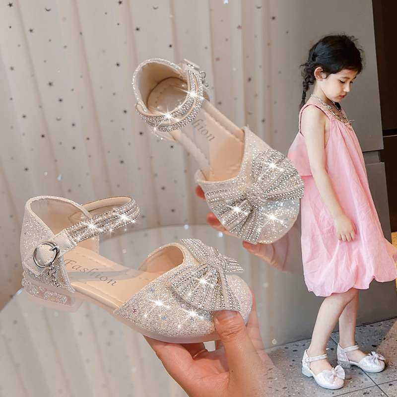 Girls' Sandals Princess Shoes 2025 New Spring Children's Non-Slip Soft Bottom Crystal Shoes High Heels Girl's Dress