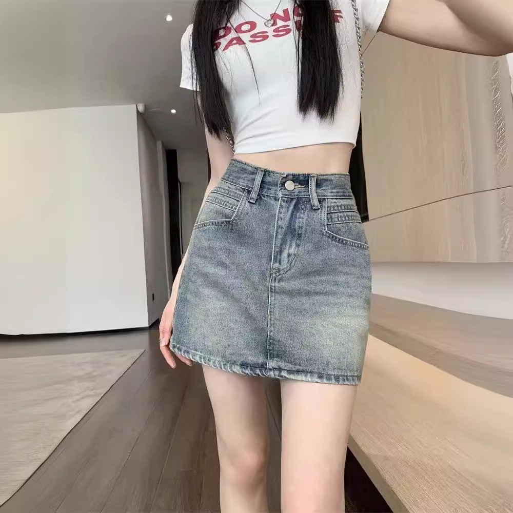 American style distressed hot girl Denim skirt girls 2024 summer new high waist slimming A- line hip skirt