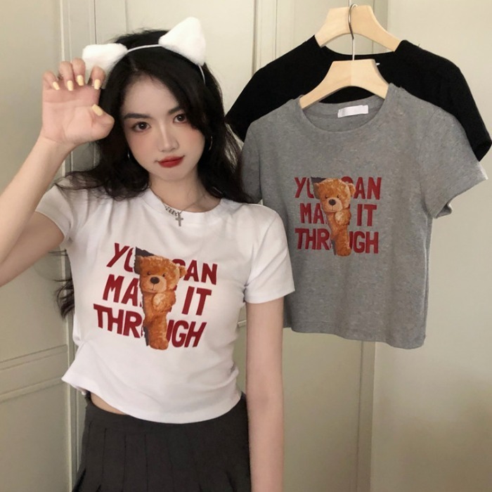 Vintage American Letter Bear Print Short-sleeved T-shirt Women's Korean-style Slim-fit Short Student Top ins