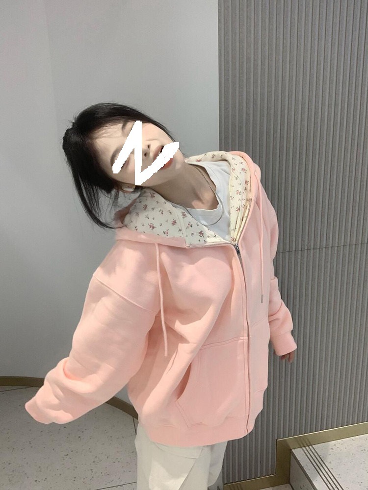 Pink Floral Hooded Zipper Cardigan Jacket Women's Spring and Autumn New Thin Small Loose Sweater Long Sleeve Top