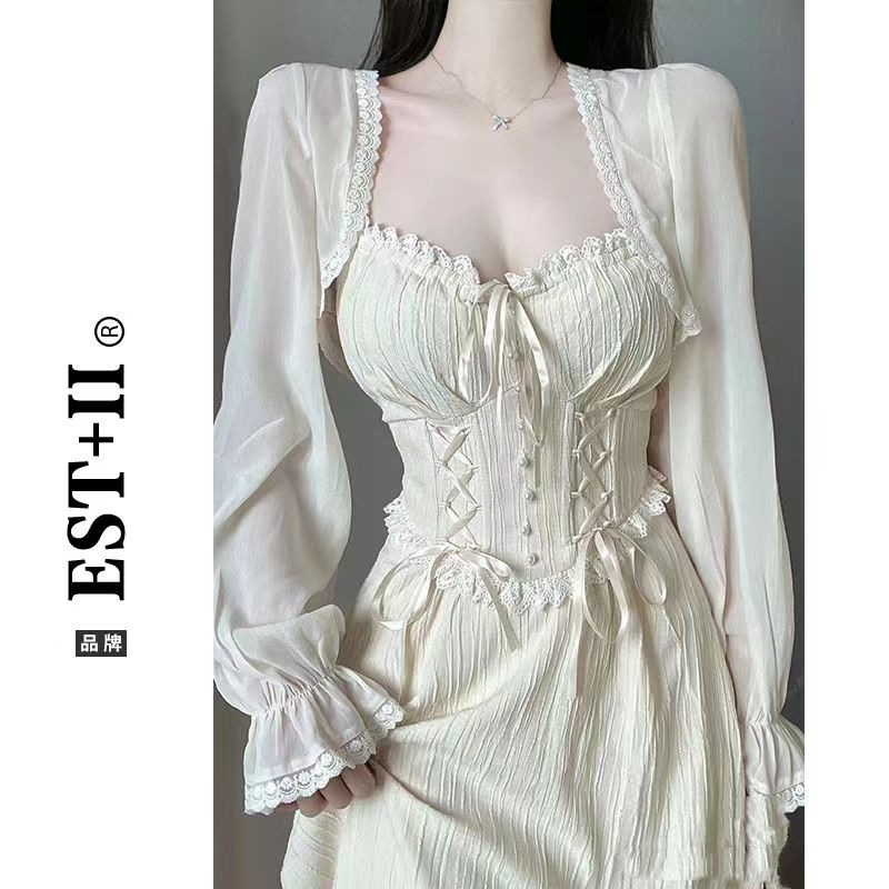 Picture of Summer Tea Break French Fairy Dress Seaside Vacation Strap Dress Royal Sister Chanel Style suit