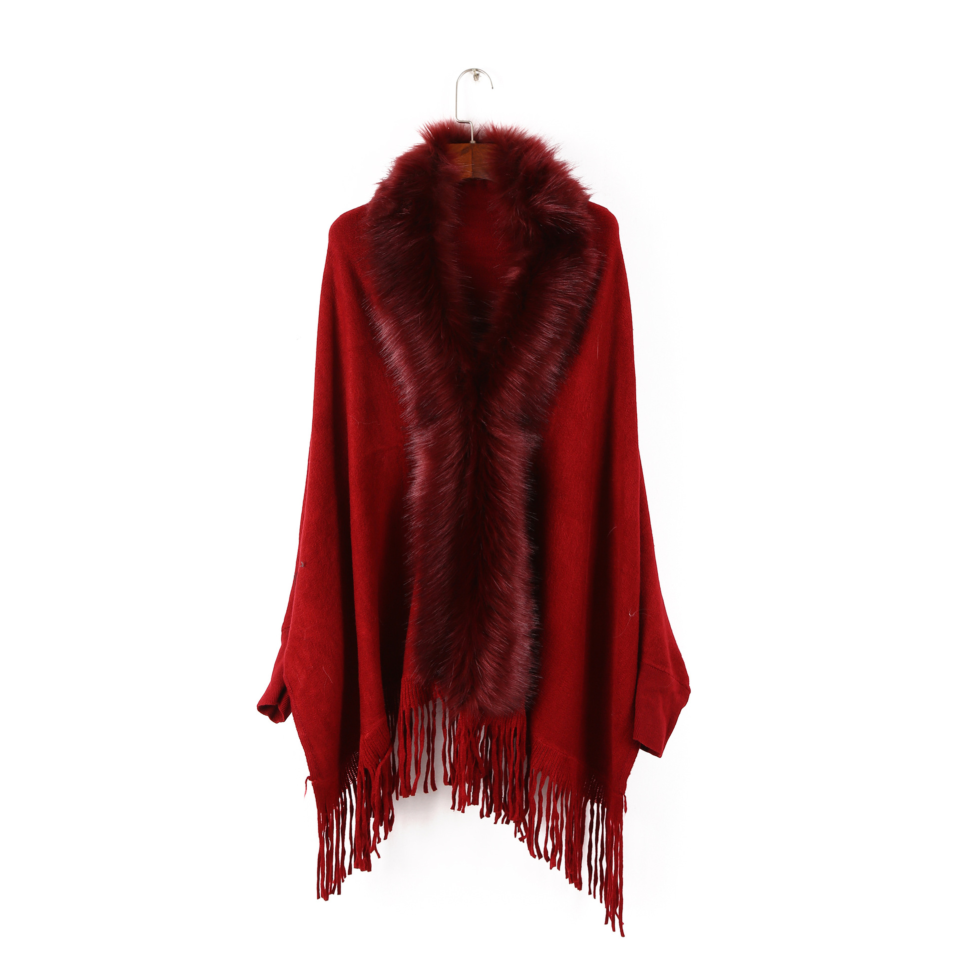 Picture of Autumn and Winter New Fashion Women's Cape Cardigan Artificial Fur Solid Color Sleeve Long Tassel Hem Cape Wholesale