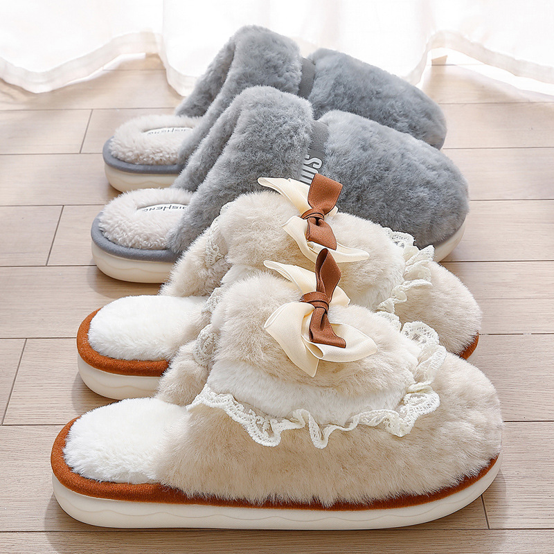 Bow Cotton Slippers for Women Indoor Home Winter Warm Confinement Shoes Thick Sole Non-Slip Plush Slippers Winter Wholesale