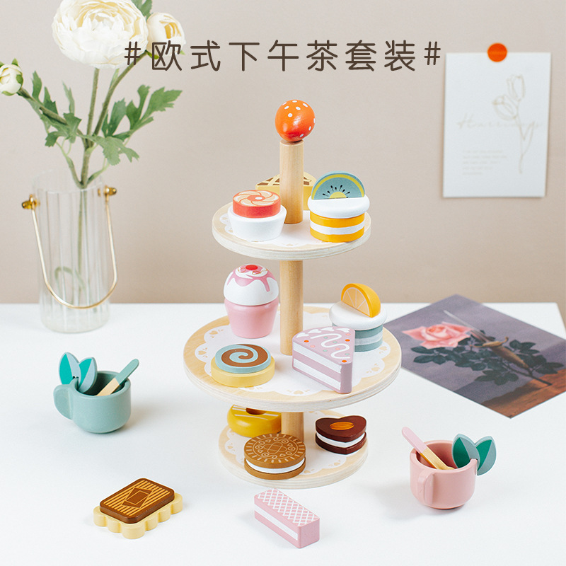 Wooden Simulation Afternoon Tea Three-layer Dessert Play House Toy Children's Role-playing Tea Cup Teapot Kitchen suit