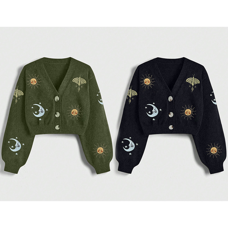New women's embroidered button knit cardigan, sun and moon pattern, lantern sleeves, V-neck cardigan