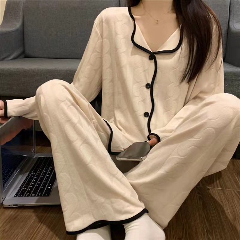 Picture of ins Cyber Celebrity Lace Long-sleeved Simple Black Spring and Autumn Long-sleeved Trousers Cardigan Pajamas Women's Sweet Loose Home Clothes