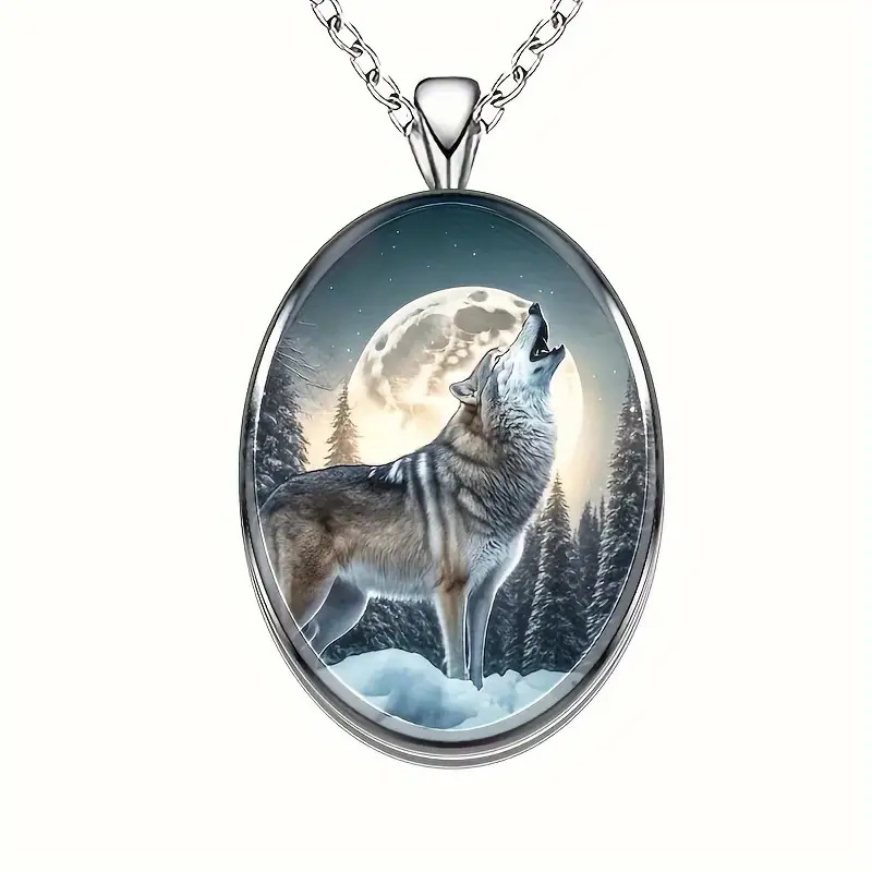 Charm Wolf Decorative Round Pendant Necklace, Hip Hop Animal Necklace, Fashion Party Gift for Men and Women