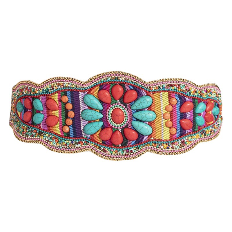 New Style Women's Heavy Industry Bohemian Turquoise Handmade Bead Waist Seal Ethnic Style Yunnan Elathe Snap Buckle Belt