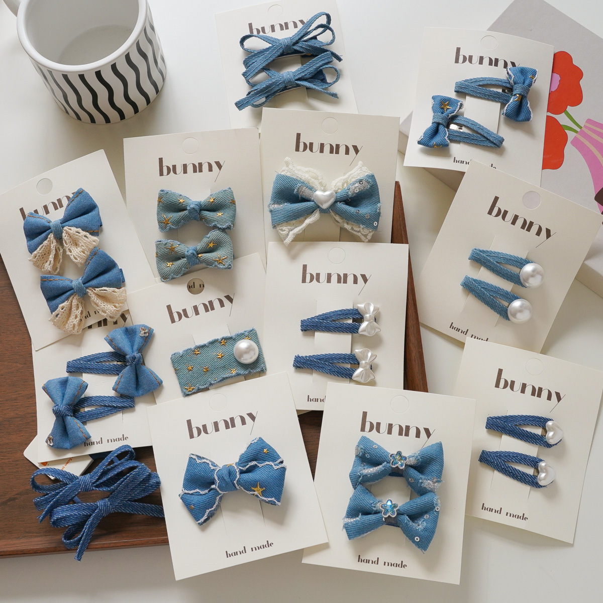 Spring and summer new denim bow children's hair clip sweet girl's headdress hair clip pearl bangs broken hair clip