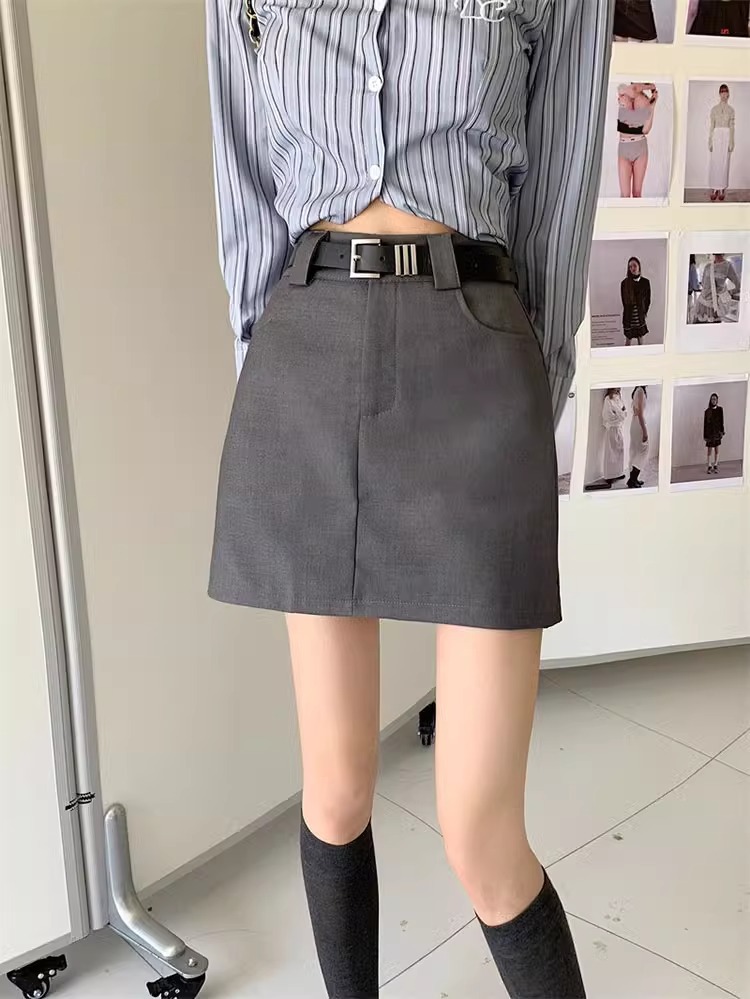 2024 New Arrival Skirt Women's Spring High Waist Slim A- Line Dress Design Sense American Style Grey Hip Skirt