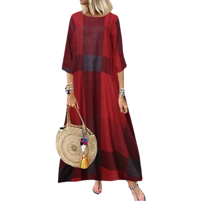 Cross-Border Amazon Summer Wear 2022 New Retro Long Skirt Casual Three-Quarter Sleeve Plaid Print Large Size Dress for Women