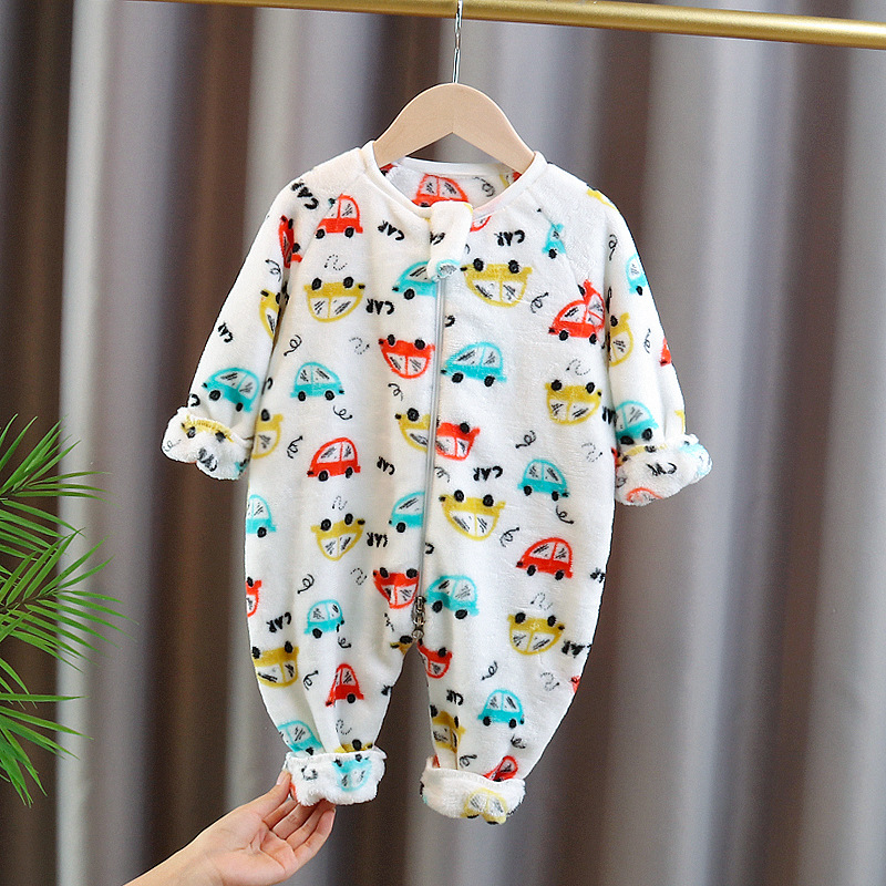 Picture of Flannel Pajamas fleece-lined thickened coral fleece full printed car baby sleeping bag autumn and winter children's one-piece romper