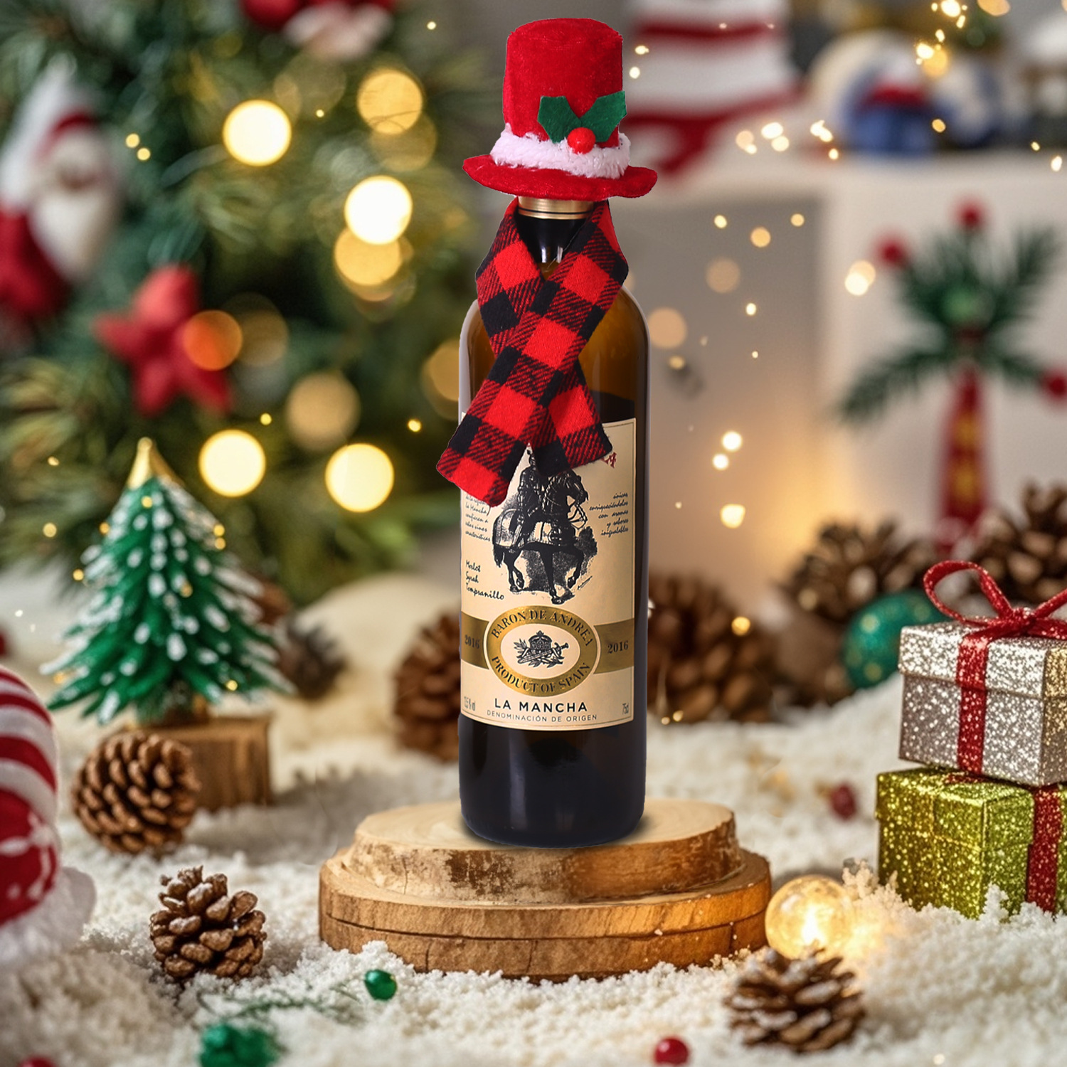Picture of Christmas Creative Decorations Scarf Hat Two-piece Set Red Wine Bottle Set Hotel Restaurant Decoration Dress-up Supplies