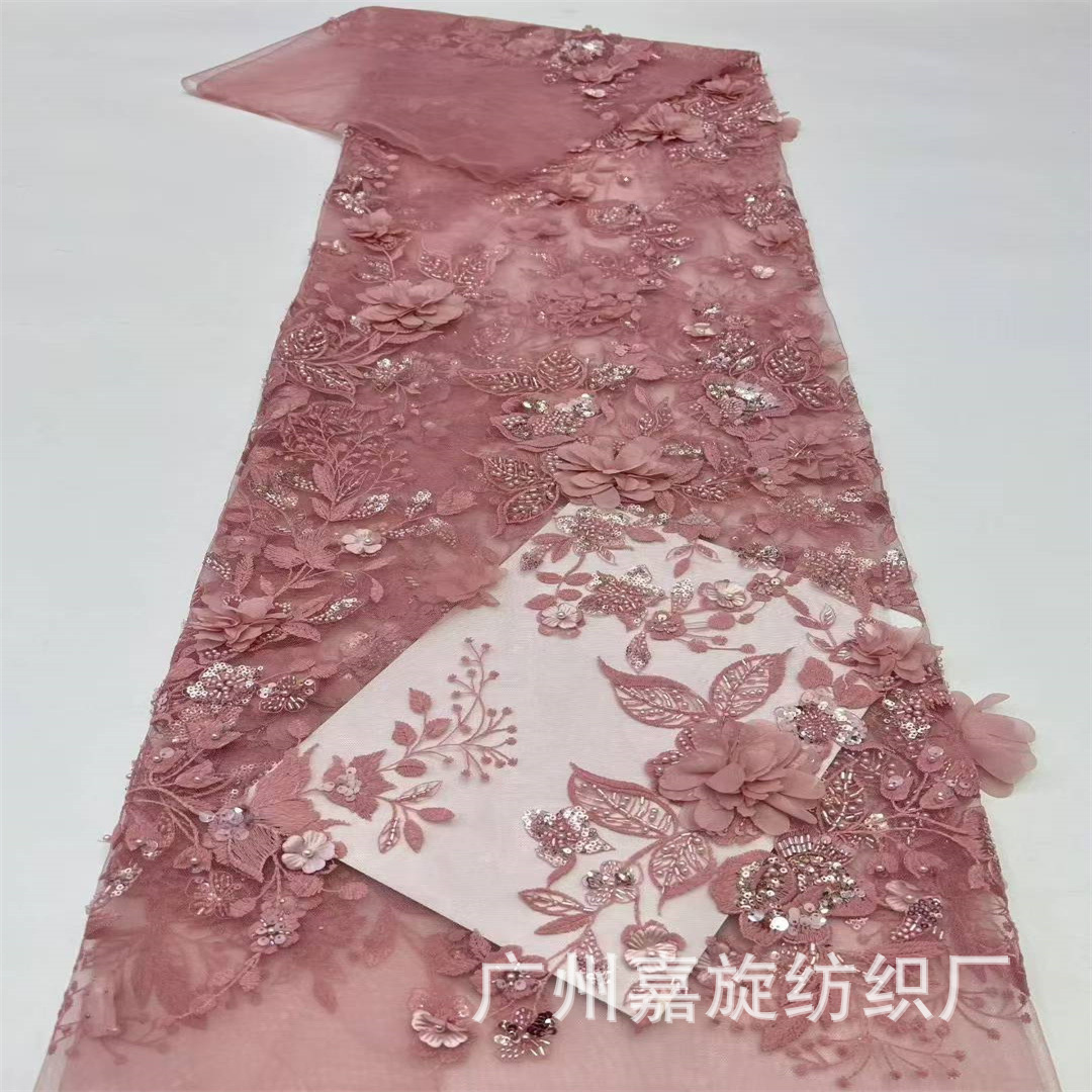 New 3D Stereo Flower Beaded Embroider Lace Fabric French Laser Embroider Wedding Dress Evening Dress Dress Embroidered Cloth
