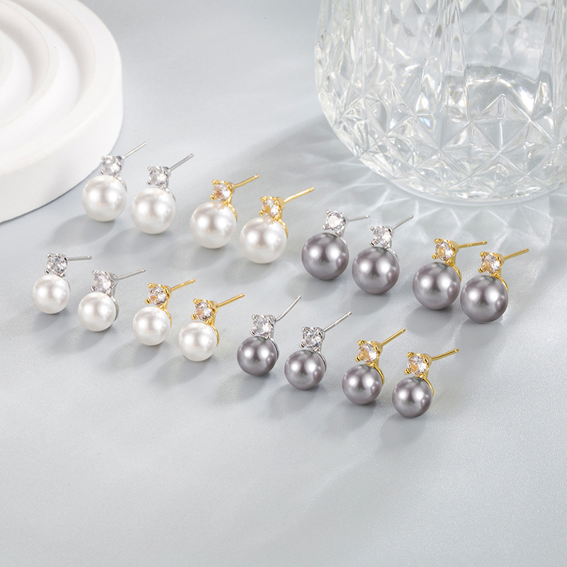 Simple Earrings Women's Korean Style Fresh Style Four Claw Single Diamond Sweet Pearl Harbor Style Small Elegant Earrings New Arrival Flash Diamond