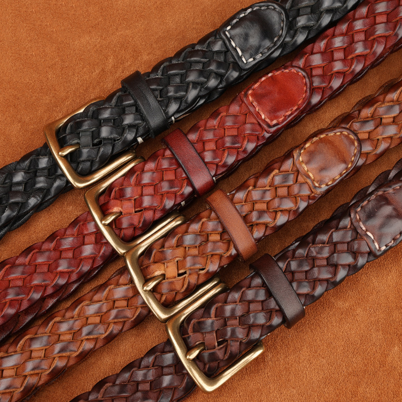 Vintage Hand-woven Vegetable Tanning Cowhide Tree Plaster Genuine Leather Belt Accessories Head Pin Buckle Belt Unisex in stock