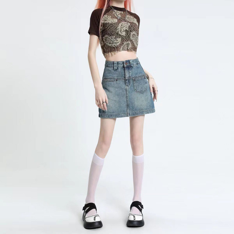 High Street Spice Girl Anti-glare Denim Skirt Skirt Women's Spring and Summer 2024 Retro High Waist A- shaped Hip Skirt