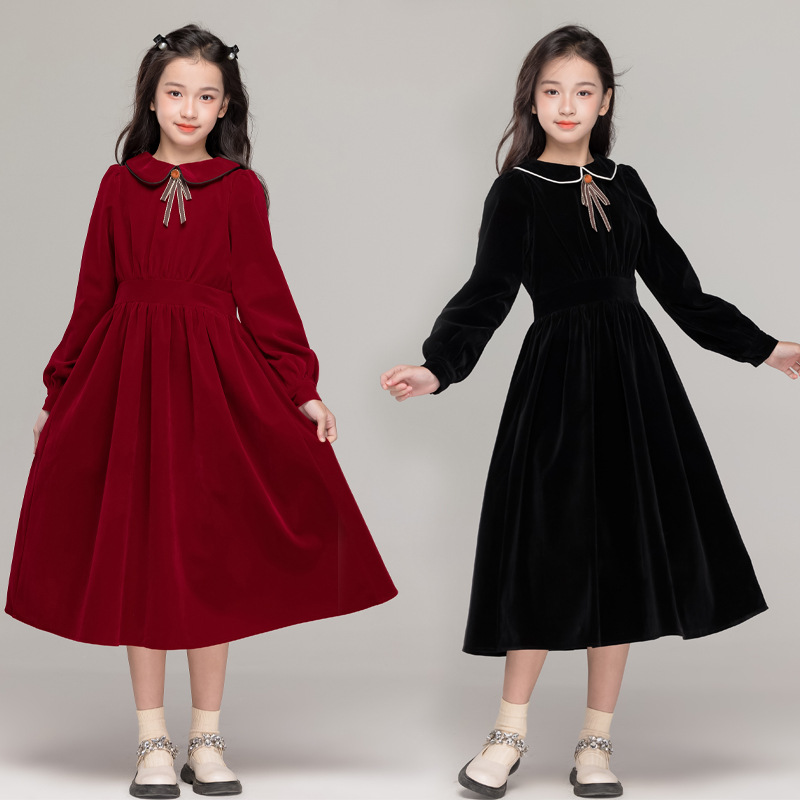 Children's clothing girls red dress 2024 autumn and winter retro large children's small lapel waist princess skirt new year red skirt