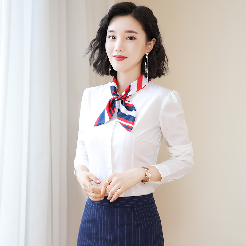 Autumn and Winter New Long Sleeve Bow Professional Blouse Hotel Front Desk Work Clothes Base Shirt Scarf Collar Shirt