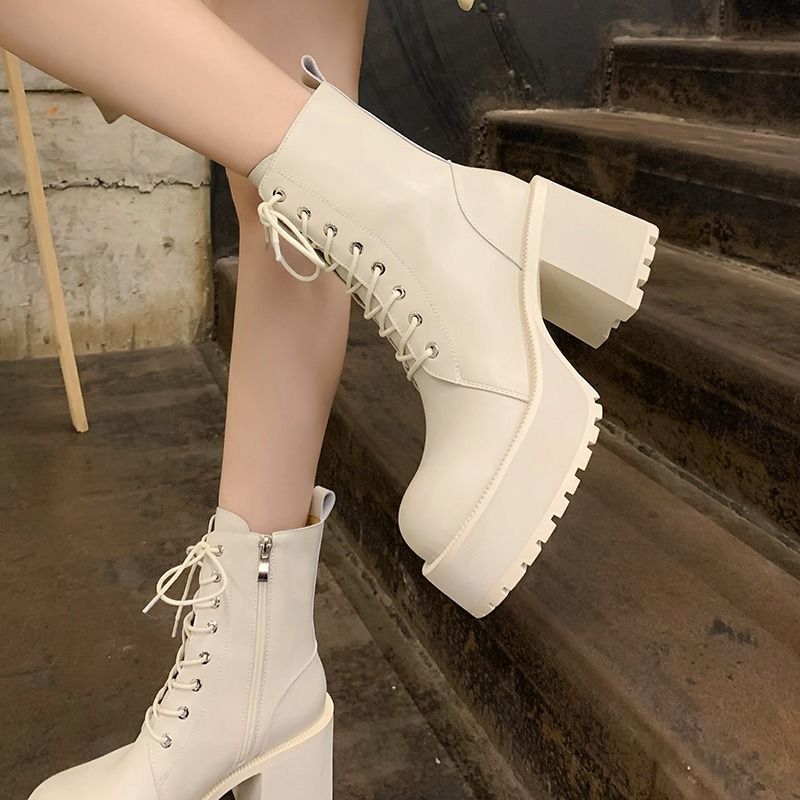 Round Toe Thick Heel Lace-up Martin Boots Women's High Heel Platform Thick Bottom Short Boots for Petite Vintage Soft Leather Boots for Children