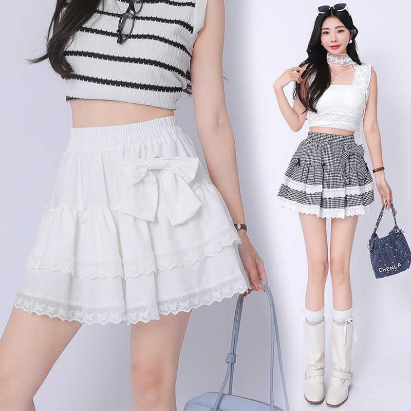 Lace Edge Bow Contrast Stitching Plaid Cake Skirt Women's Spring and Summer Girl's Puffy Skirt Short Skirt