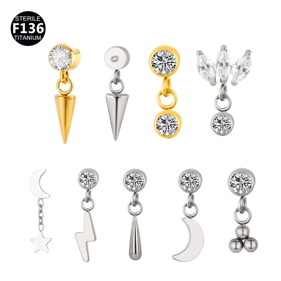 New pendant lip nail 0.9 teeth F136 titanium alloy moon lightning cone lip nail ear bone nail tragus 5A zircon