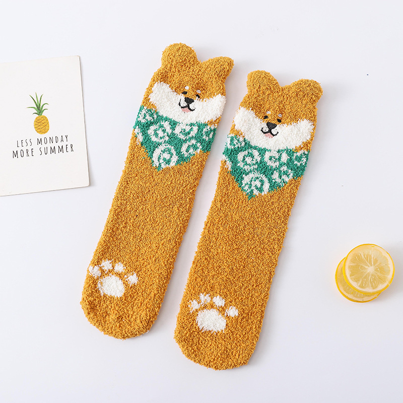 Picture of Winter Coral Fleece Sleep Socks Women Cute Puppy Cartoon Socks Thickened Warm Floor Socks Adult Towel Socks