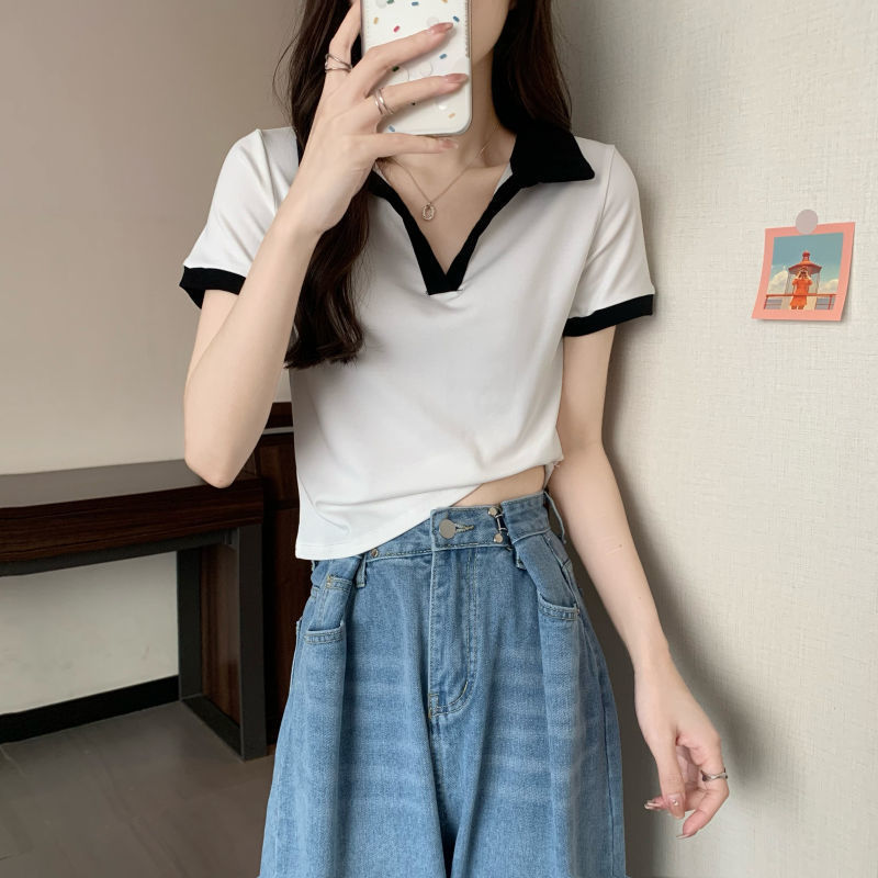 Women's Wholesale Contrast Color Short Sleeve T-Shirt 2023 Summer New Polo Collar Small Chic Design Niche Top