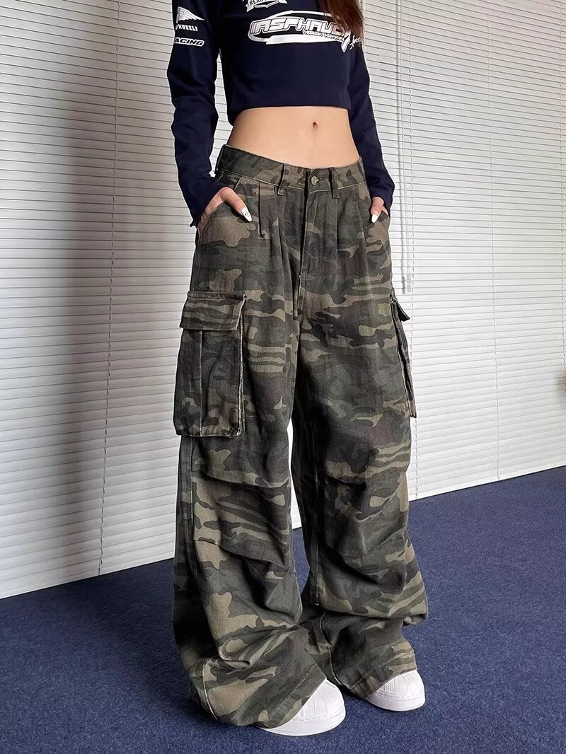 American Retro Pleated Multi-Pocket Washed Camouflage Cargo Pants for Women Trendy Street Straight Stacked Wide-Leg Pants