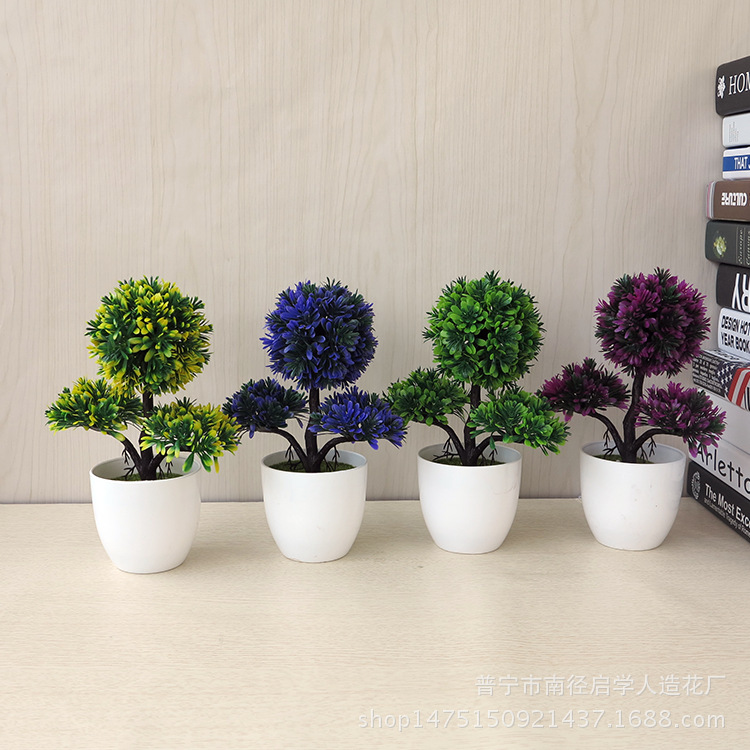 Picture of Sakura Snowball Simulated Plant Potted Grass Ball Bonsai Small Tree Home Decoration Flower Ornament Creative Mini Small Round Ball