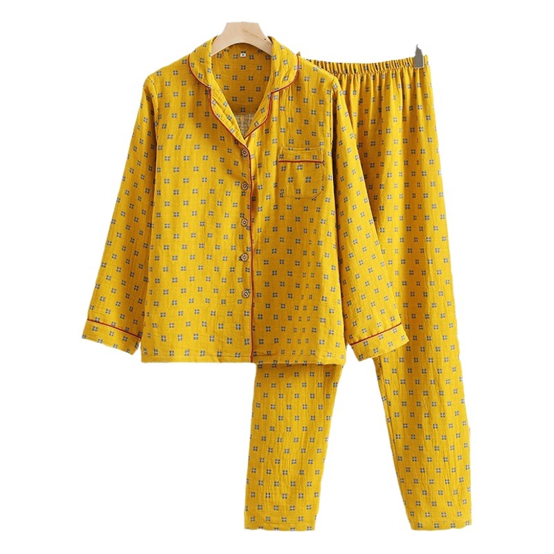 New Cotton Double-Layer Yarn Pajamas Home Clothes Women's Long-Sleeved Trousers Cotton Jacquard Breathable Soft Home Clothes suit