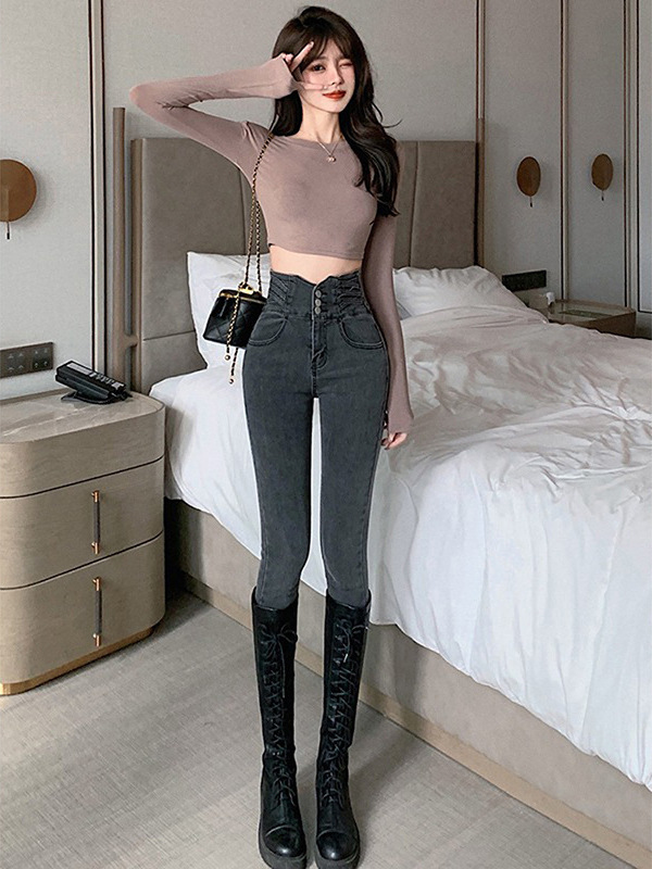 Spring and Autumn Smoky Gray Tight-Fitting Elastic Slimming Super High-Waisted Skinny Jeans for Women Slimming Pencil Pants to Show Longer Legs