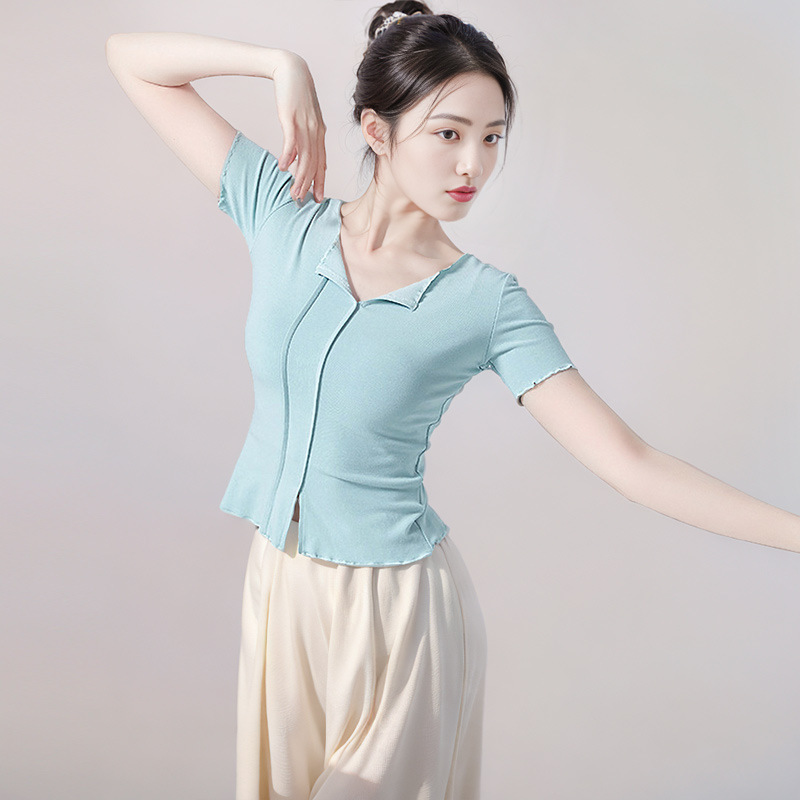 2025 New Dance Tops Practice Clothes for Women Modern Dance Classical Body Suits Yoga Slit Short-Sleeved Slim Fit Adults