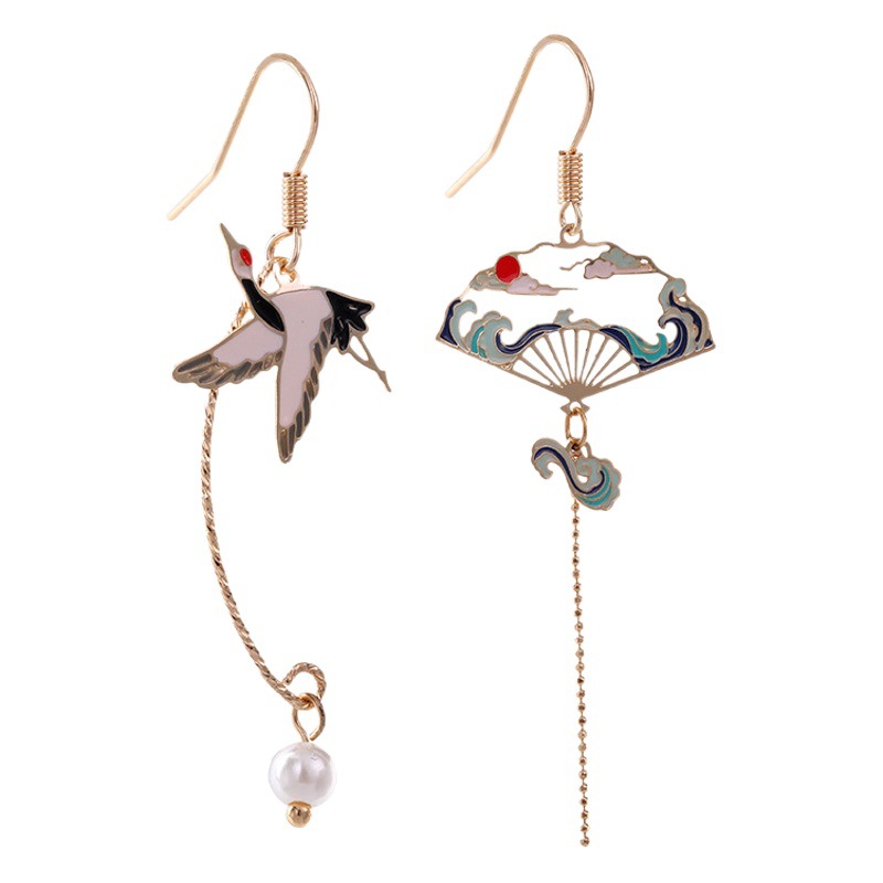 National Style New Creative Crane Ancient Fan Asymmetrical Long Tassel Imitation Pearl Painting Oil Ear Hook Earrings for Women