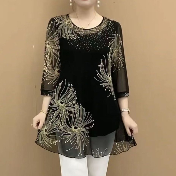 Picture of 2024 Spring and Summer Fashion Seven-point Sleeve Mesh T-shirt Small Shirt for Middle-aged and Elderly Mothers Summer Dress Round Neck Half Open Neck Hollow