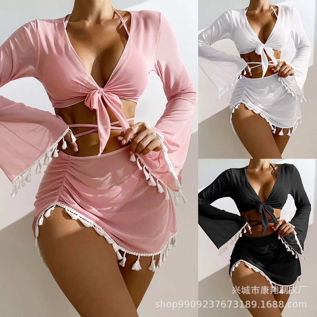 2023 European and American Foreign Trade Swimsuit Women's Split Three-Four-Piece Set Solid Color Tassel Lace-Up Long-Sleeved Ins Internet Celebrity Cross-Border Suit