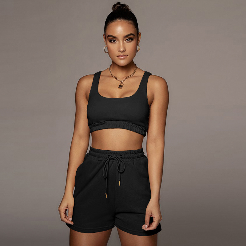2024 European and American Amazon cross-border summer women's solid color double-layer vest shorts sports navel suit