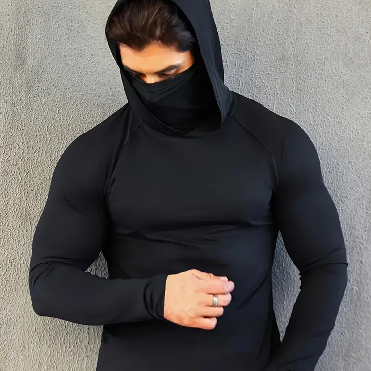 Cross-border men's sports tight-fitting shaping mask with hat conjoined long-sleeved running outdoor sports breathable quick-drying clothes