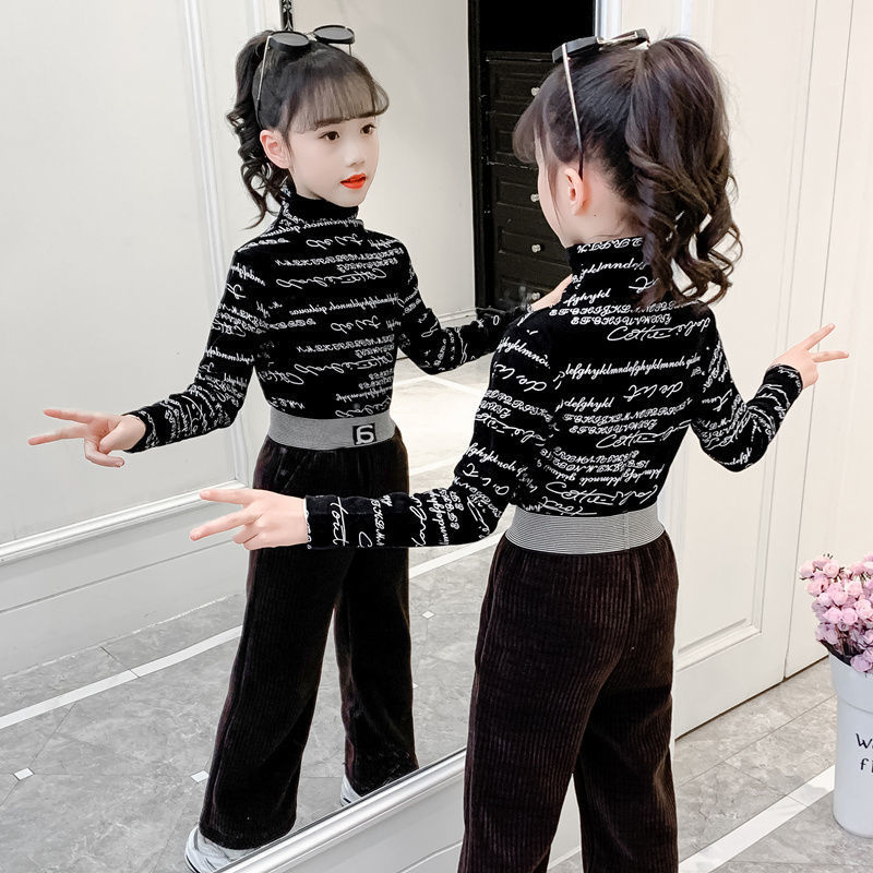Girls' Long-sleeved T-shirt English Top Spring and Autumn New Children's T-shirt Top Western Style Top Fleece Base Shirt Outer Wear
