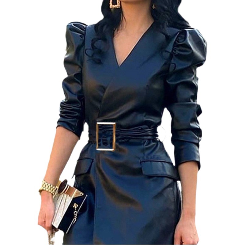 2025 Foreign Trade Autumn and Winter European and American Women's Elegant PU Leather V Collar Bubble Sleeve Slim-fit Cross-border dress with Belt