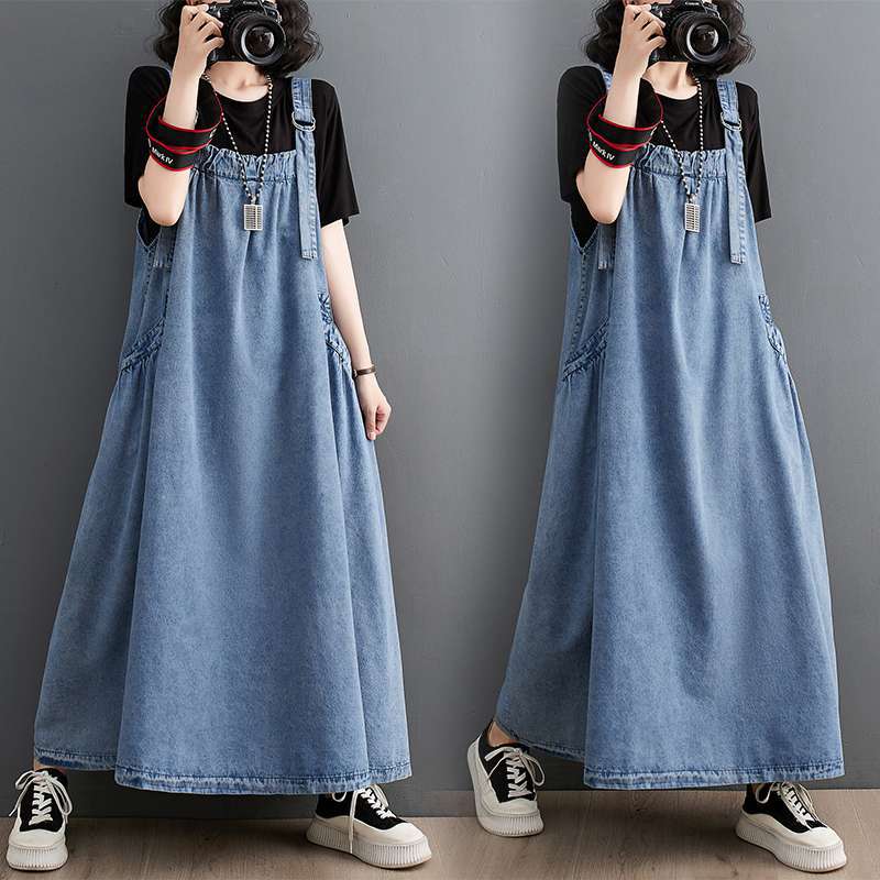 Real shot in stock spring/summer autumn dress retro loose slimming Denim suspender dress long large swing dress