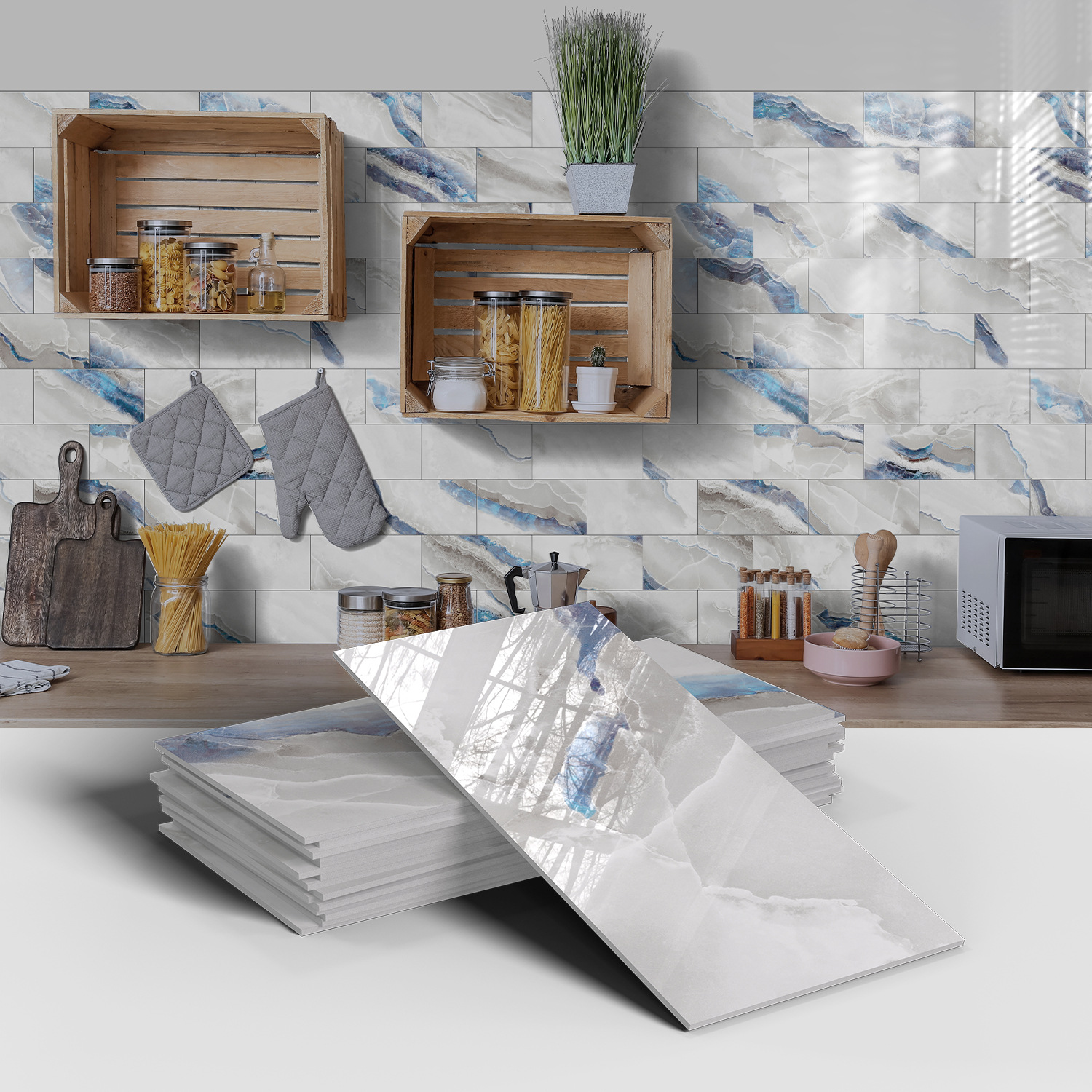 Picture of Crystal Marble Tile Wall Stickers Thickened PET Waterproof Self-adhesive Wallpaper for Kitchen Living Room Wall Decoration Cross Border